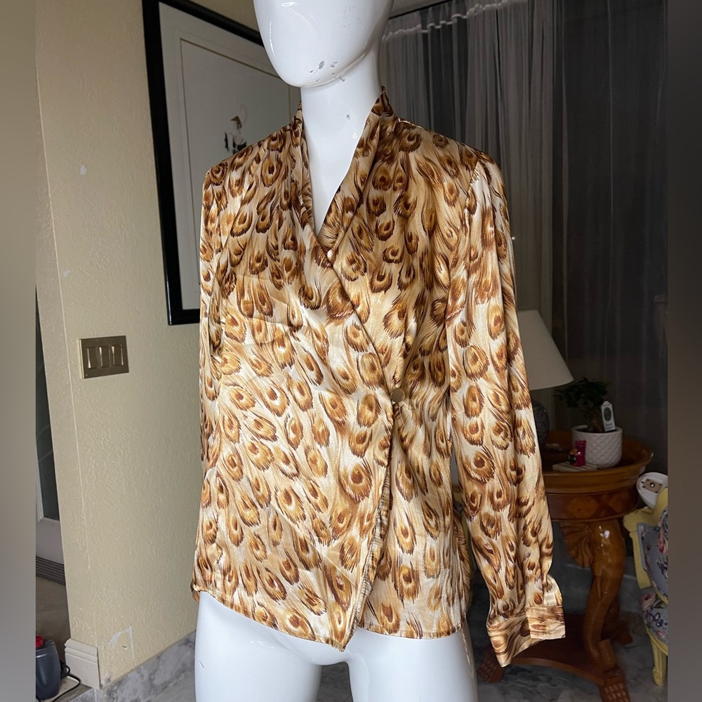 Joan Leslie Silk Vintage Blouse Wrap Style Brown Peacock Leopard Cheetah Small